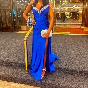 Sheri Hill blue prom dress, size 4, rhinestone bodice, slit, and satin train